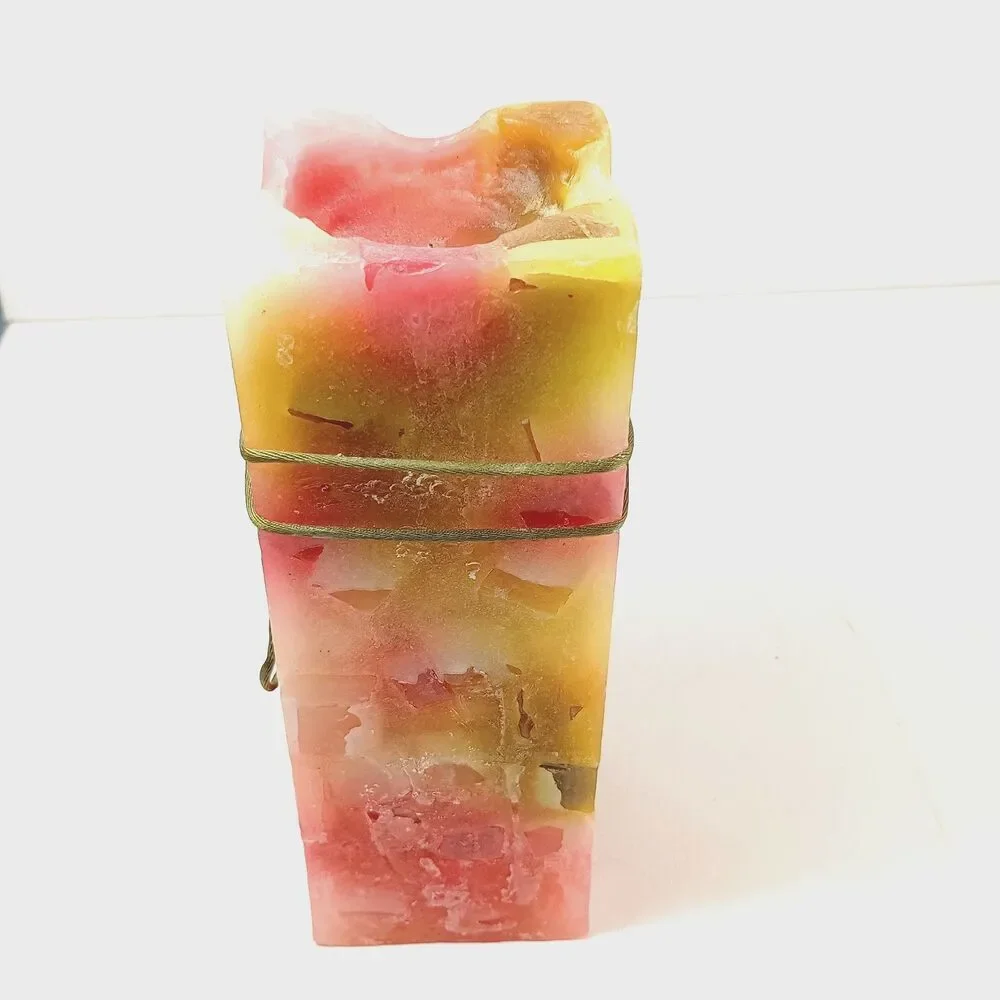 Vintage Chunk Pillar Candle Square Mosaic Wax Red Yellow Cream Rustic Decor